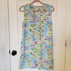Chenault Tropical Flamingo Floral Print Sleeveless Midi Dress Beach Vacation L